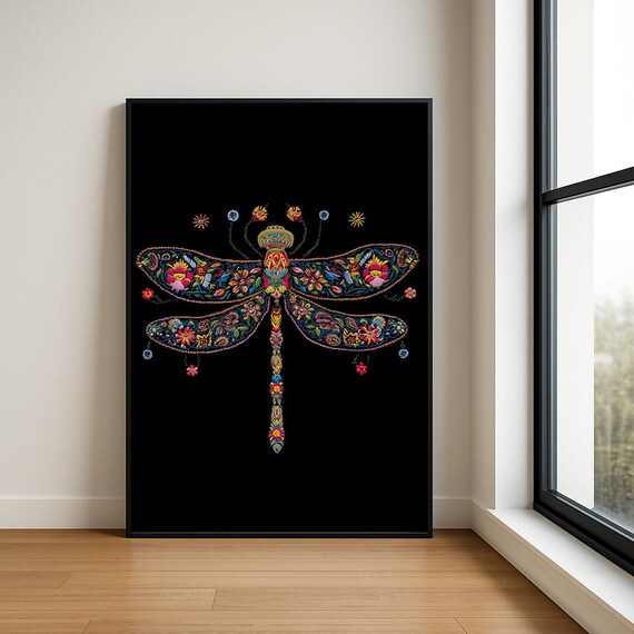 Colourful Embroidered Animal Wall Art Boho Illustration Print Vibrant Textile Style Home Decor