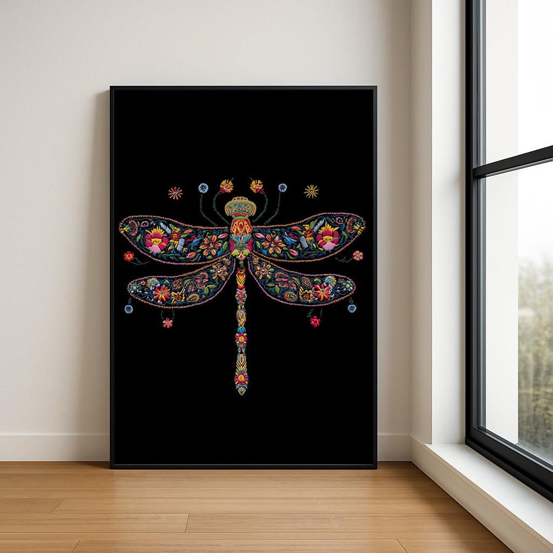 Dragonfly Floral Embroidery Boho Vibrant Textile Style Poster