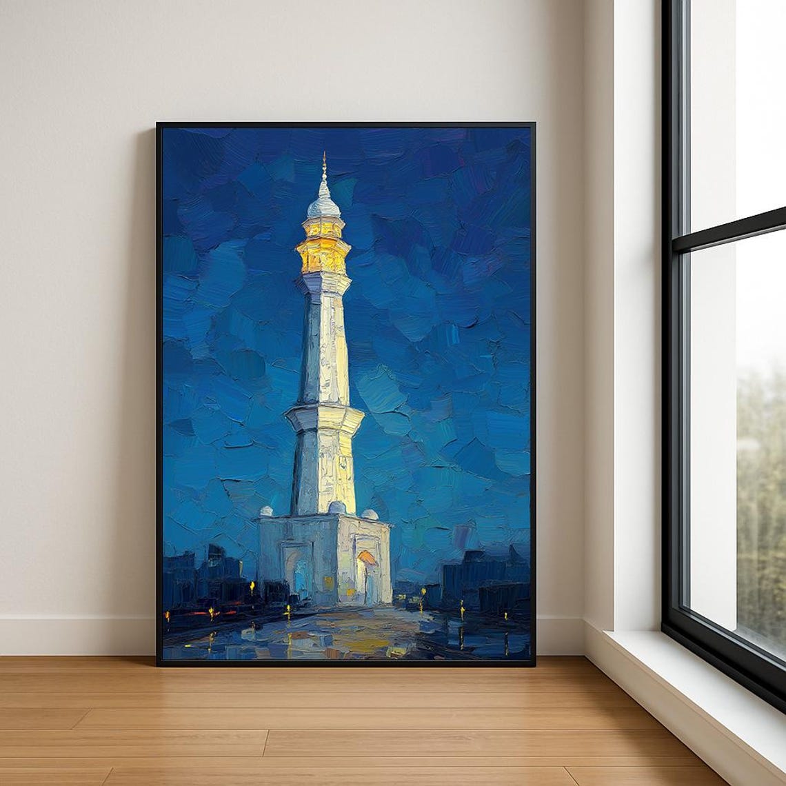 Illuminated White Minaret at Night Impasto Blue Painting Poster