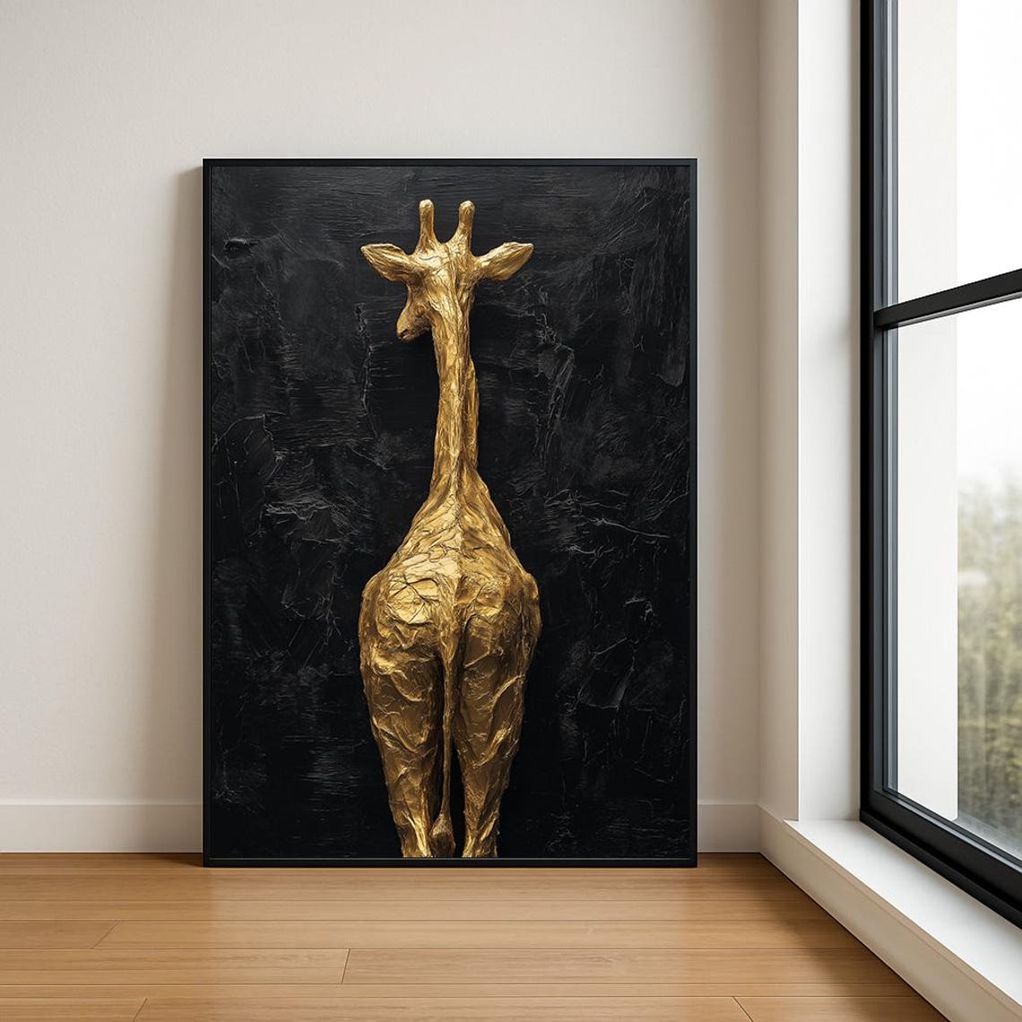 Tall Golden Giraffe Striding Away Black Gold Oil Painting Poster