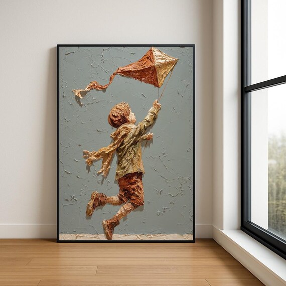 Boy Flying Tan Kite Sage Green Textured Impasto Oil Painting Poster