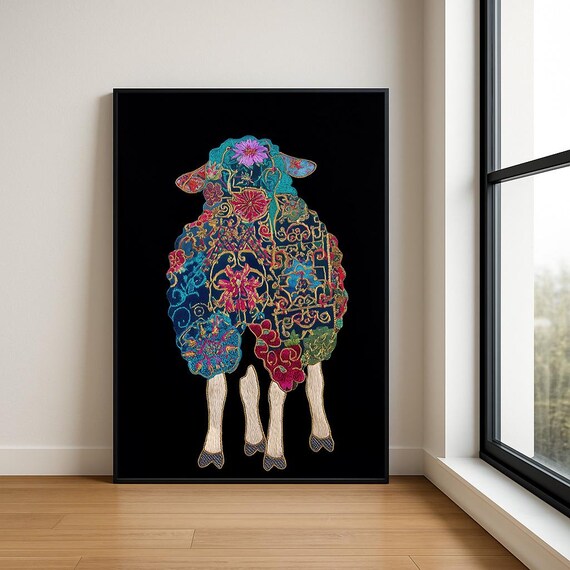 Colourful Embroidered Animal Wall Art Boho Illustration Print Vibrant Textile Style Home Decor