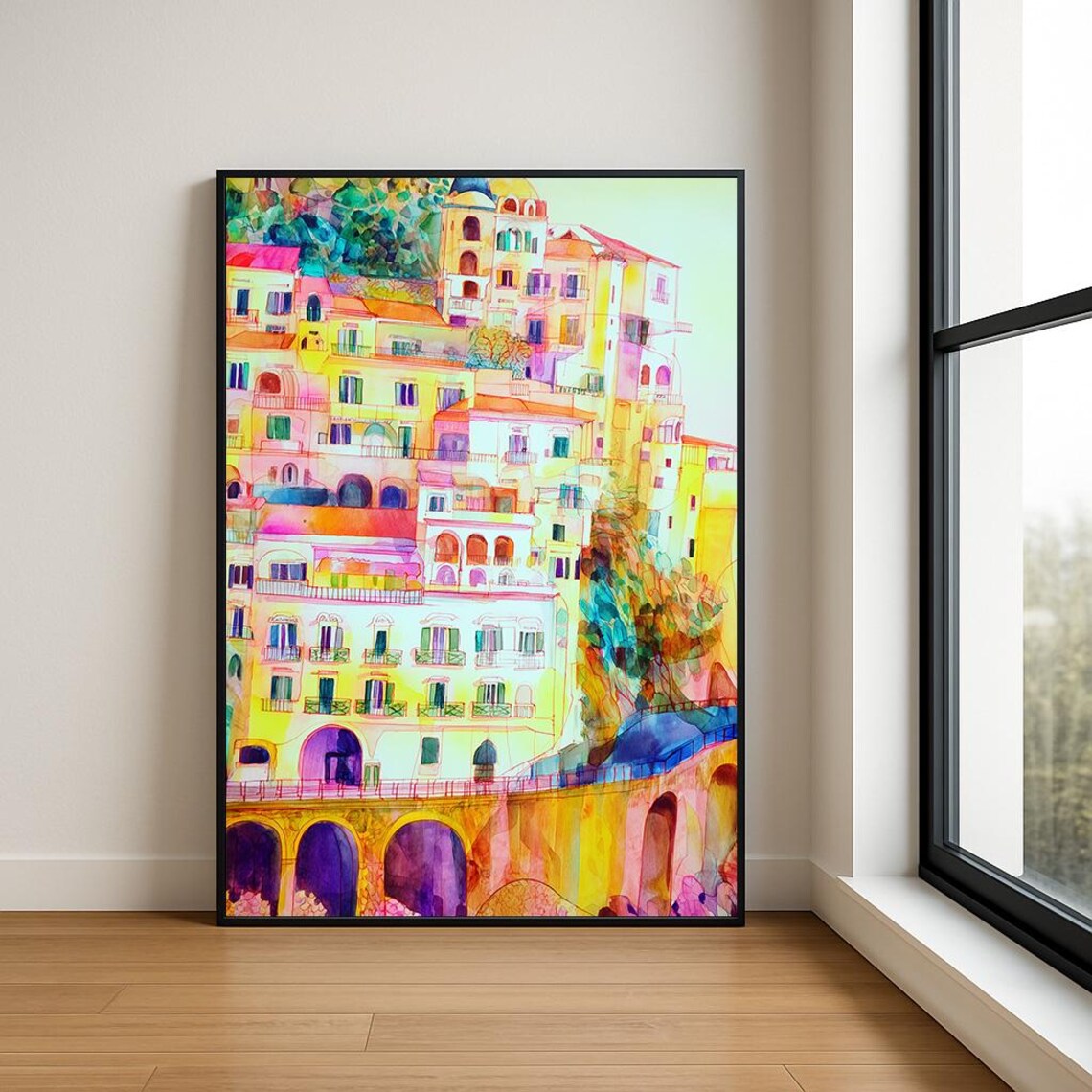 Colorful Mediterranean Hillside Village Pastel Buildings Watercolor Poster