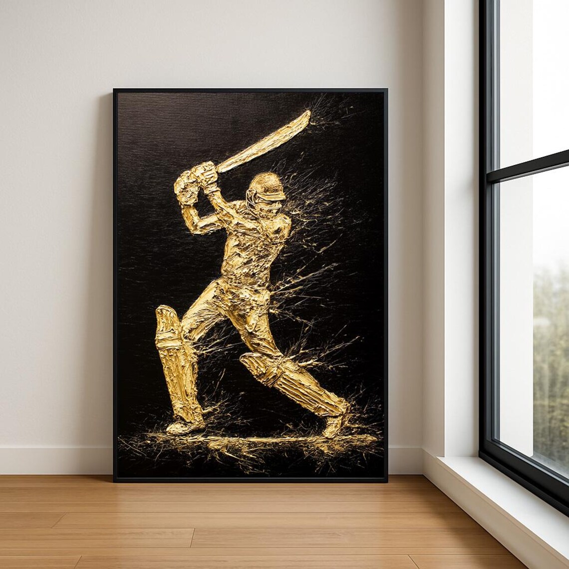 Golden Cricket Batsman Black Impasto Sports Oil Painting Poster