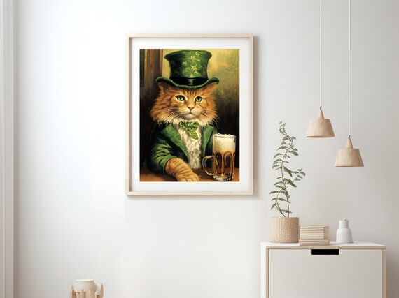 Orange Cat Leprechaun With Green Top Hat and Beer Mug Poster