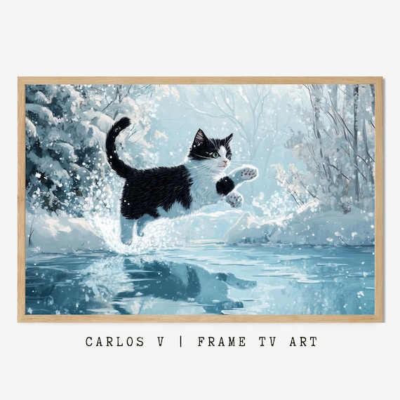 Black and White Cat Jumping over Frozen Lake Winter Snow Illustration Poster