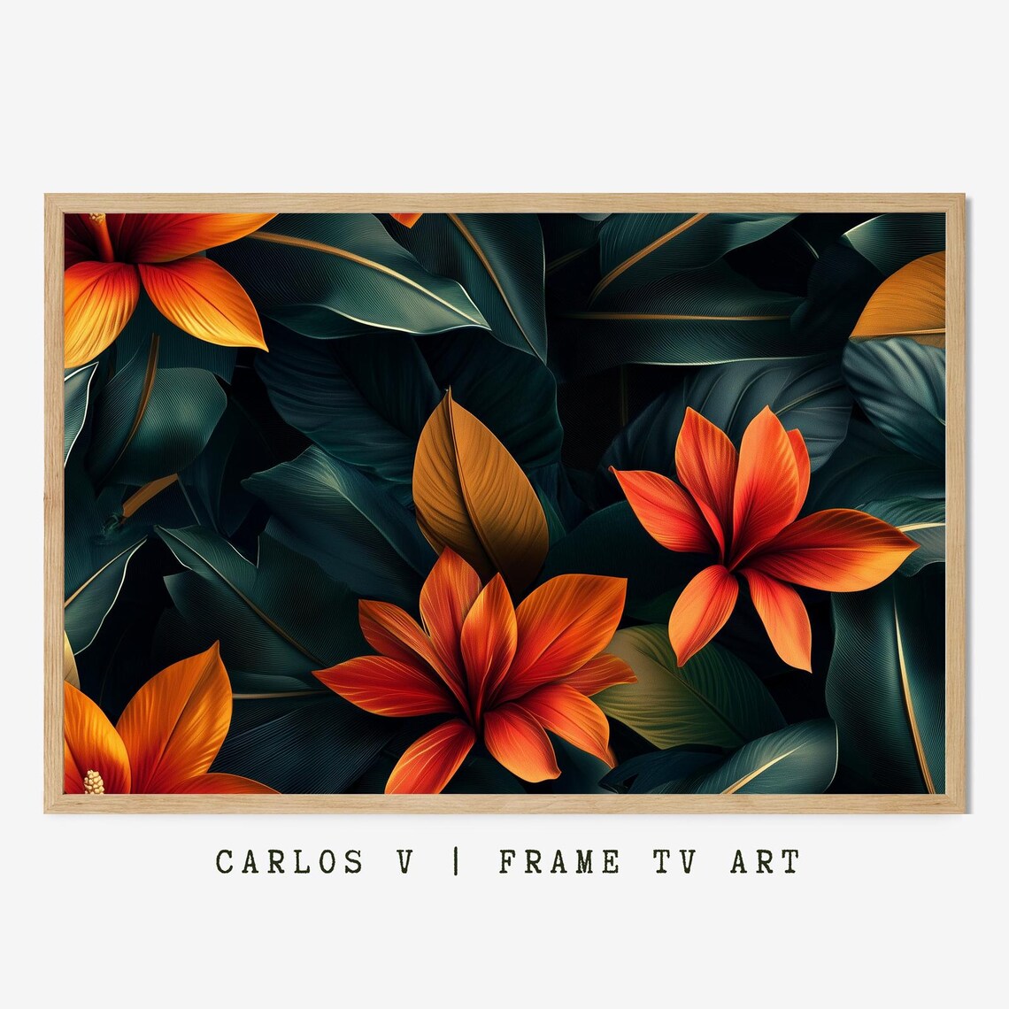 Rich Orange Tropical Blooms Against Dark Green Jungle Wall Art