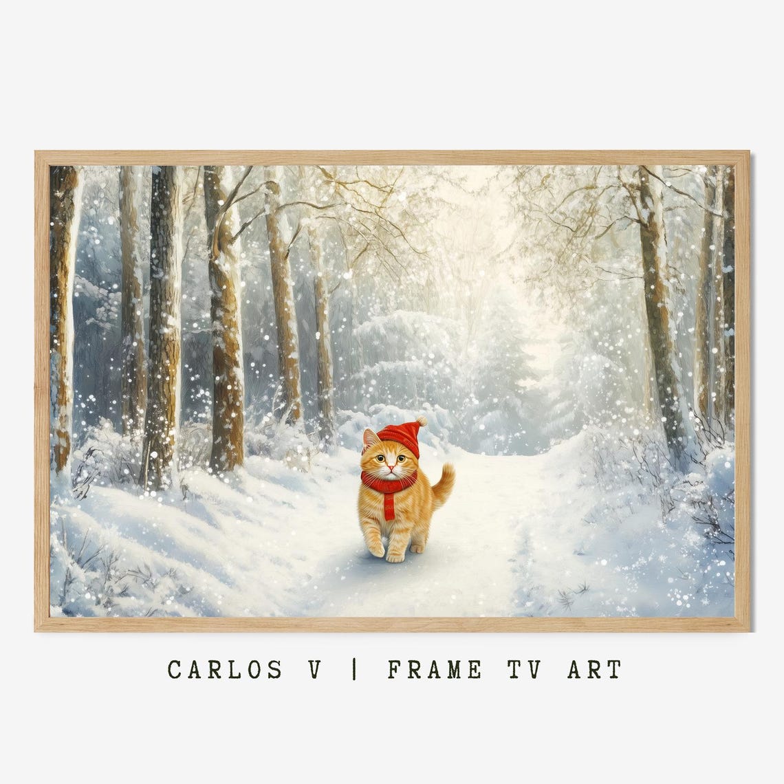 Orange Kitten In Red Knit Hat Strolling Down A Snowy Trail Poster