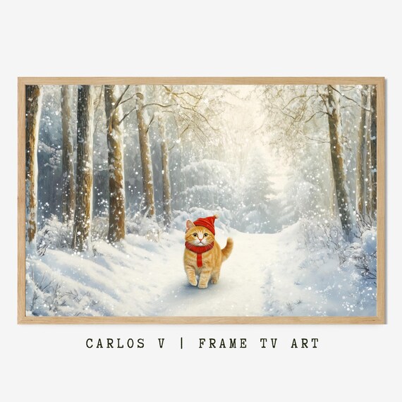 Orange Kitten In Red Knit Hat Strolling Down A Snowy Trail Poster