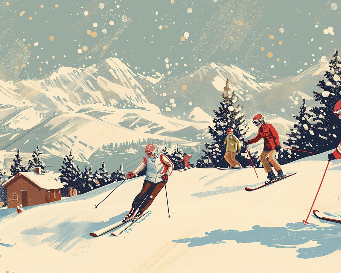Vintage Skiing Scene, Winter Ski Illustration - Image 2