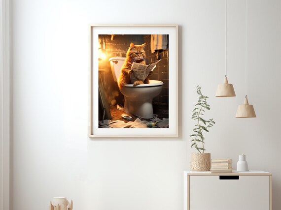 Hilarious Orange Cat Reading a Newspaper on the Toilet Poster
