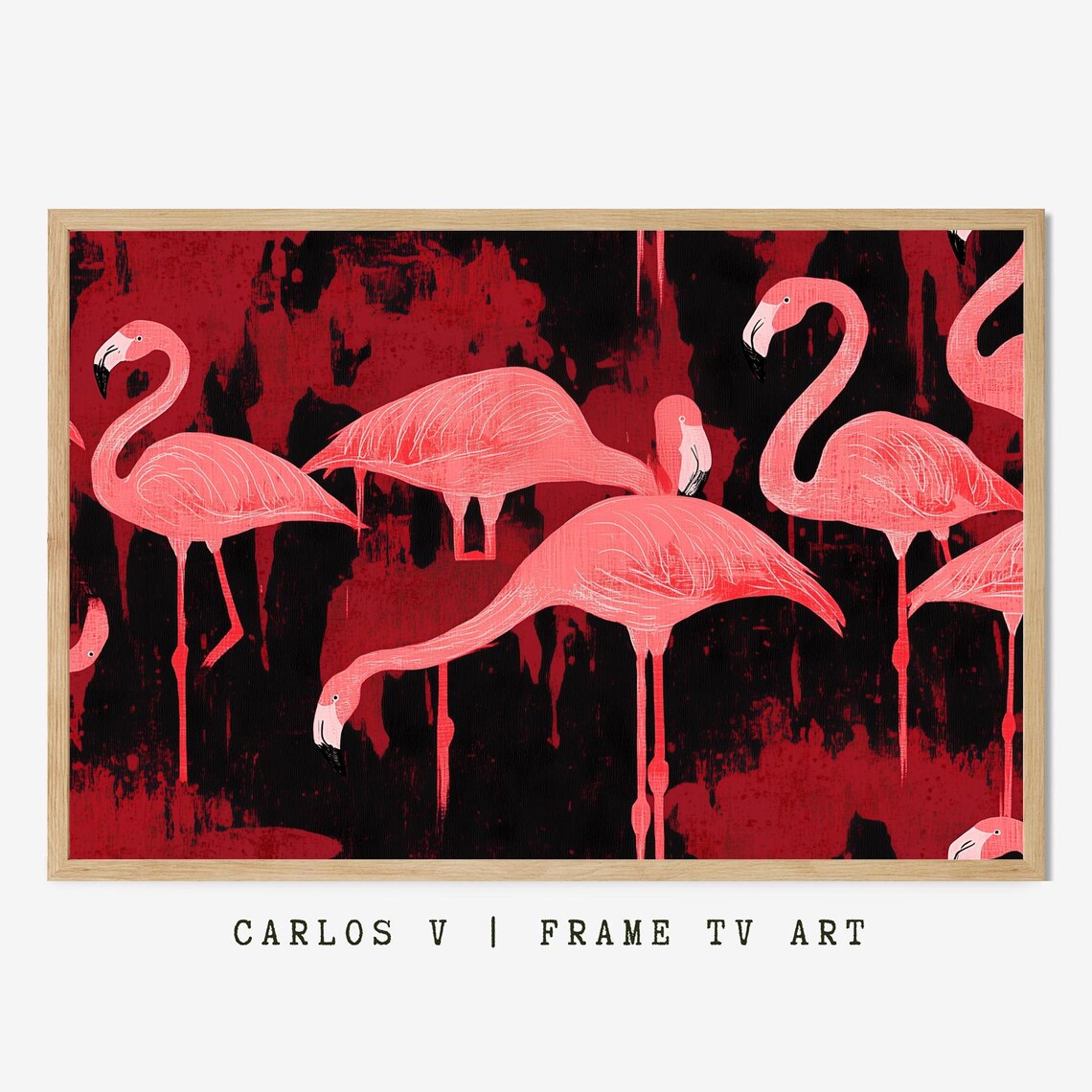 Artistic Pink Flamingo Flock on Bold Red Black Tropical Poster
