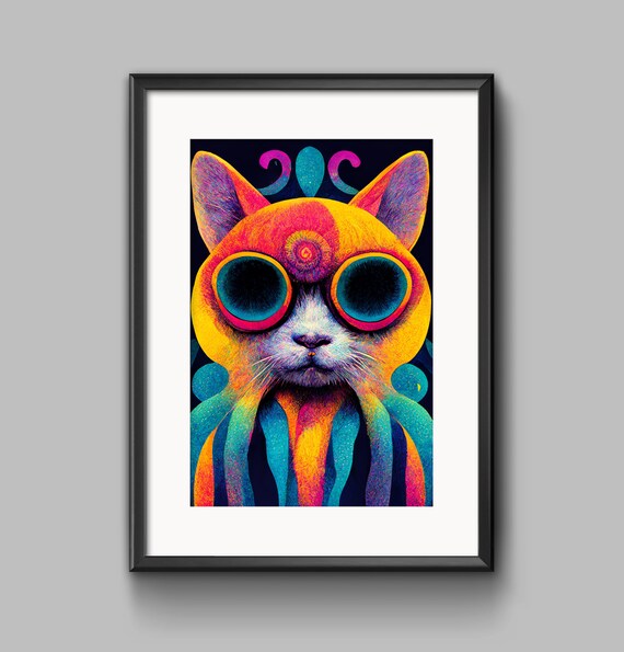 Trippy Psychedelic Neon Cat Big Eyes Surreal Colorful Art Poster