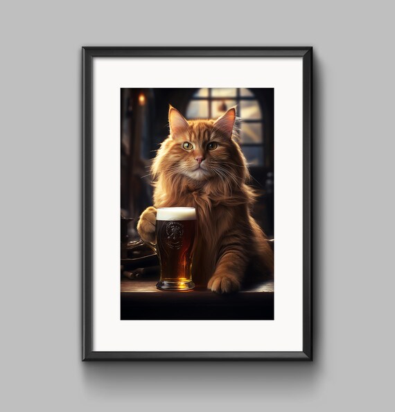 Fluffy Orange Cat With a Foamy Beer Pint in a Cozy Pub Poster