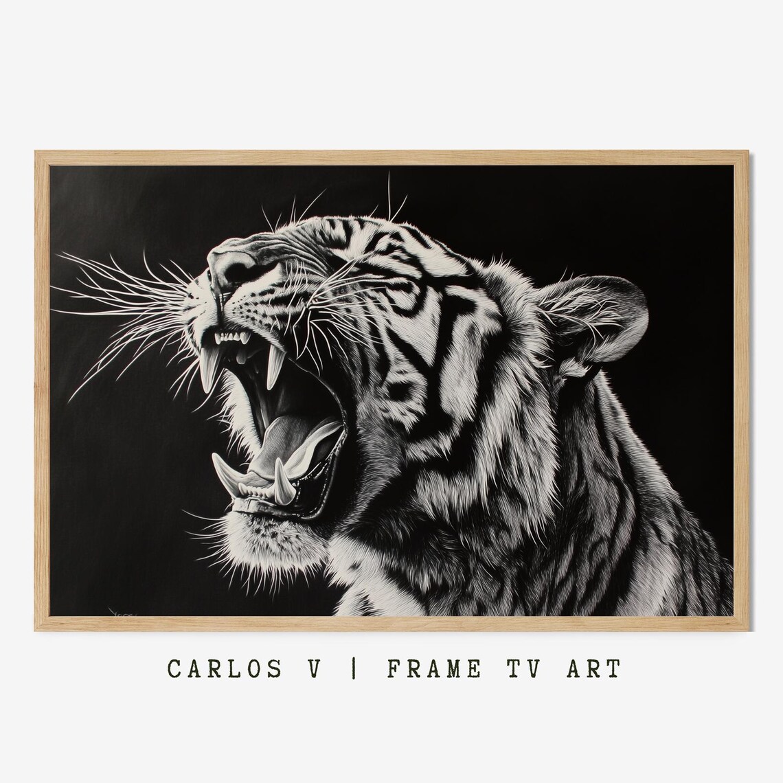 Roaring Tiger Portrait Dramatic Black and White Monochrome Art Poster