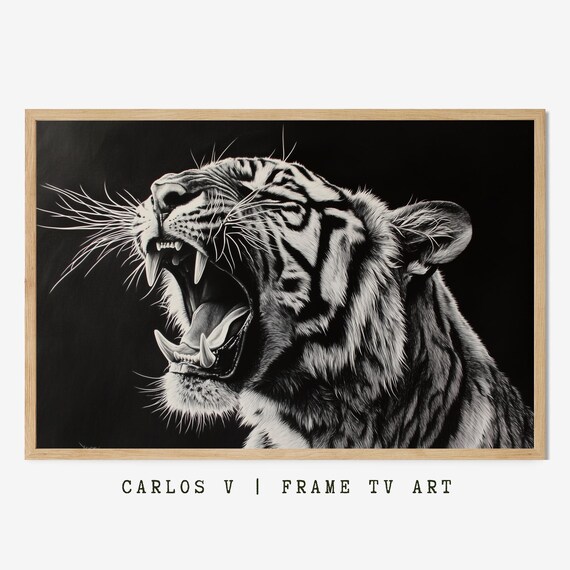 Roaring Tiger Portrait Dramatic Black and White Monochrome Art Poster