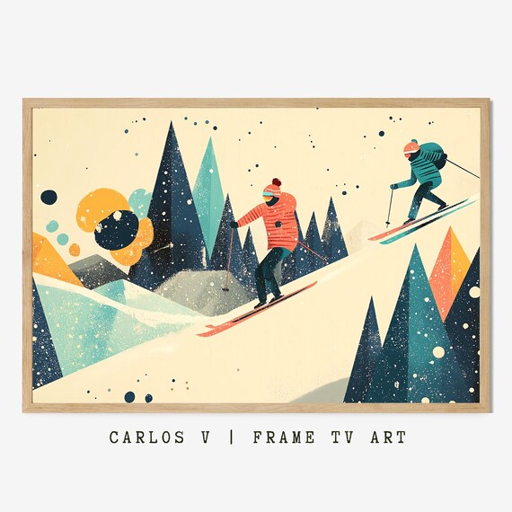 Two Skiers Racing Down Snowy Slope Past Geometric Pine Trees Poster