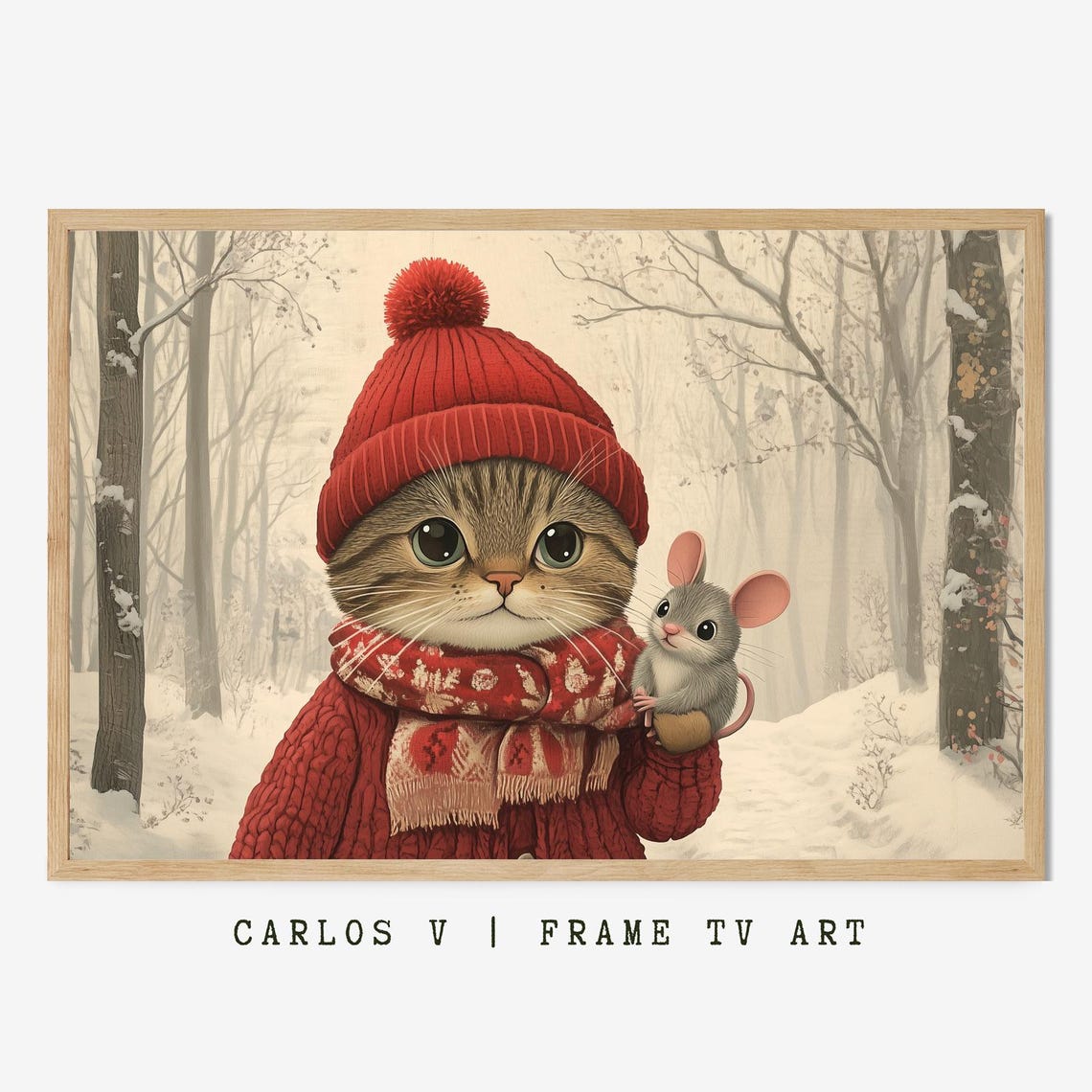 Tabby Kitten in Red Knitwear Holding a Tiny Mouse in Snow Poster