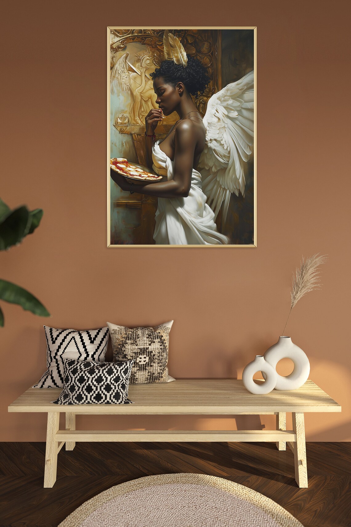 Black Angel Woman Holding Pizza Classical Baroque Oil Painting Poster - Image 2