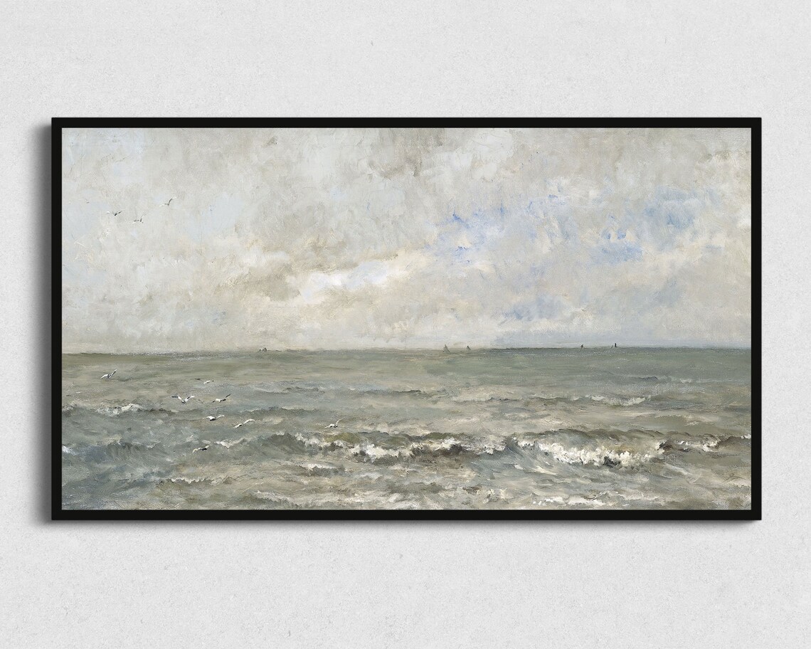 Grey Green Ocean Waves Seagulls Vintage Seascape Oil Painting Print