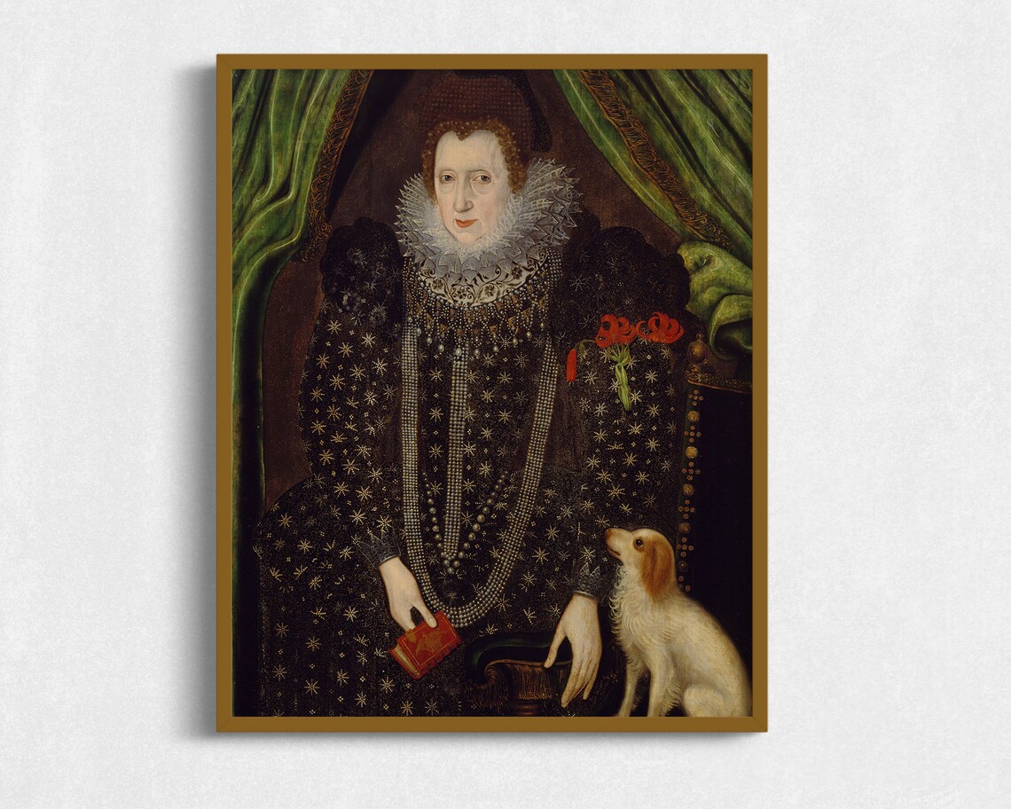 Tudor Noblewoman Star Embroidered Gown With Small Dog Portrait Poster