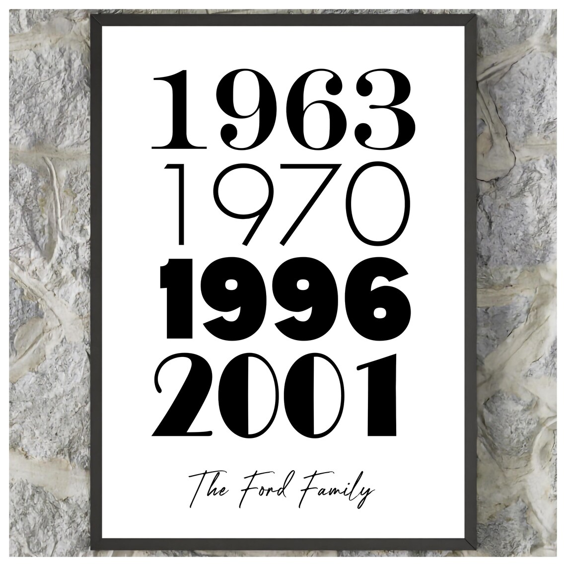 Personalised Family Years 1963 1970 1996 2001 Black Typography Wall Art