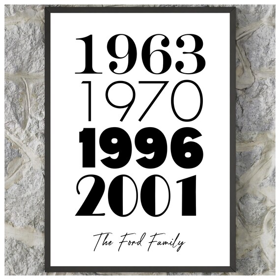 Personalised Family Years 1963 1970 1996 2001 Black Typography Wall Art