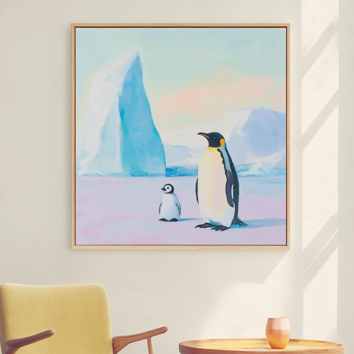 Penguin Parent and Chick Pastel Iceberg Wildlife Art Wall Poster