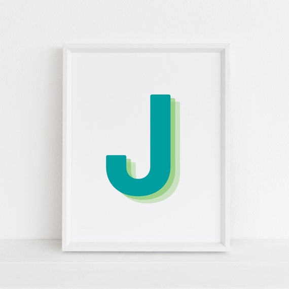 Retro 3d Letter J Print Monogram Letter Print Green And Lime Letter Initial Alphabet Print Baby Letter Art Wall Art