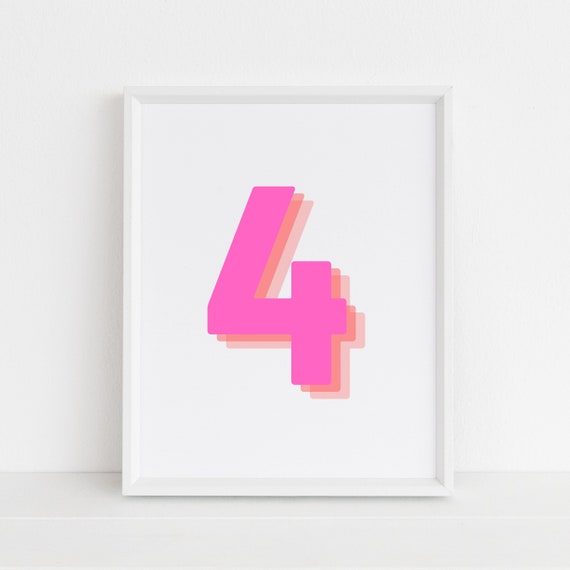 Retro 3d Number 4 Print Monogram Number Four Print Pink And Orange Number Birthday Age Print Baby Letter Art Wall Art
