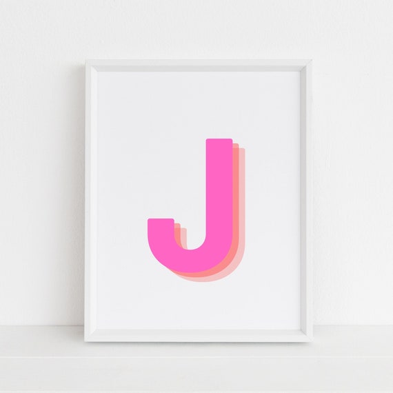 Retro 3d J Letter Print Monogram Letter Print Pink And Orange Letter Initial Alphabet Print Baby Letter Art Wall Art