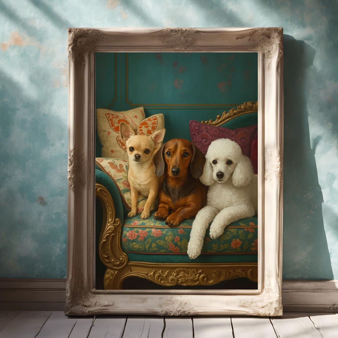Chihuahua Dachshund Poodle Trio On Vintage Sofa Elegant Dog Poster