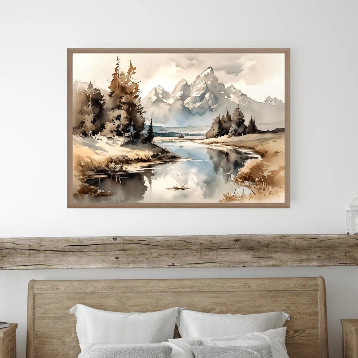 Minimalist Neutral Mountain Lake Pine Calm Watercolor Art Print - Image 5