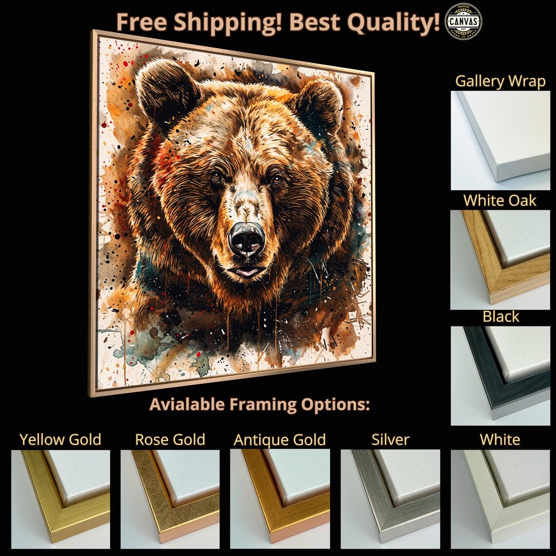 Brown Bear Portrait Watercolor Splatter Wild Animal Face Square Art Poster - Image 6