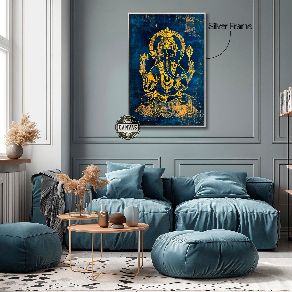 Golden Lord Ganesha Seated Hindu Deity On Deep Blue Wall Poster - Image 3
