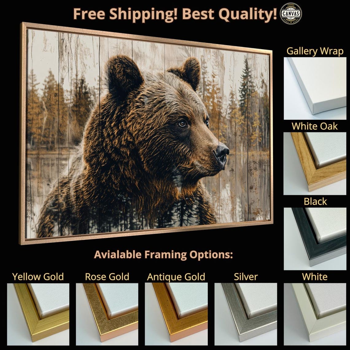 Bear Profile On Weathered Wood Forest Lake Rustic Wildlife Art Poster - Image 4