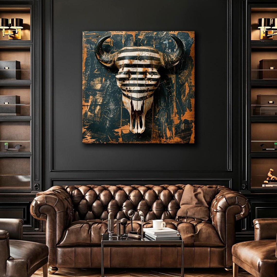 Striped Buffalo Skull Black Painted Southwestern Rustic Western Art Print - Image 2