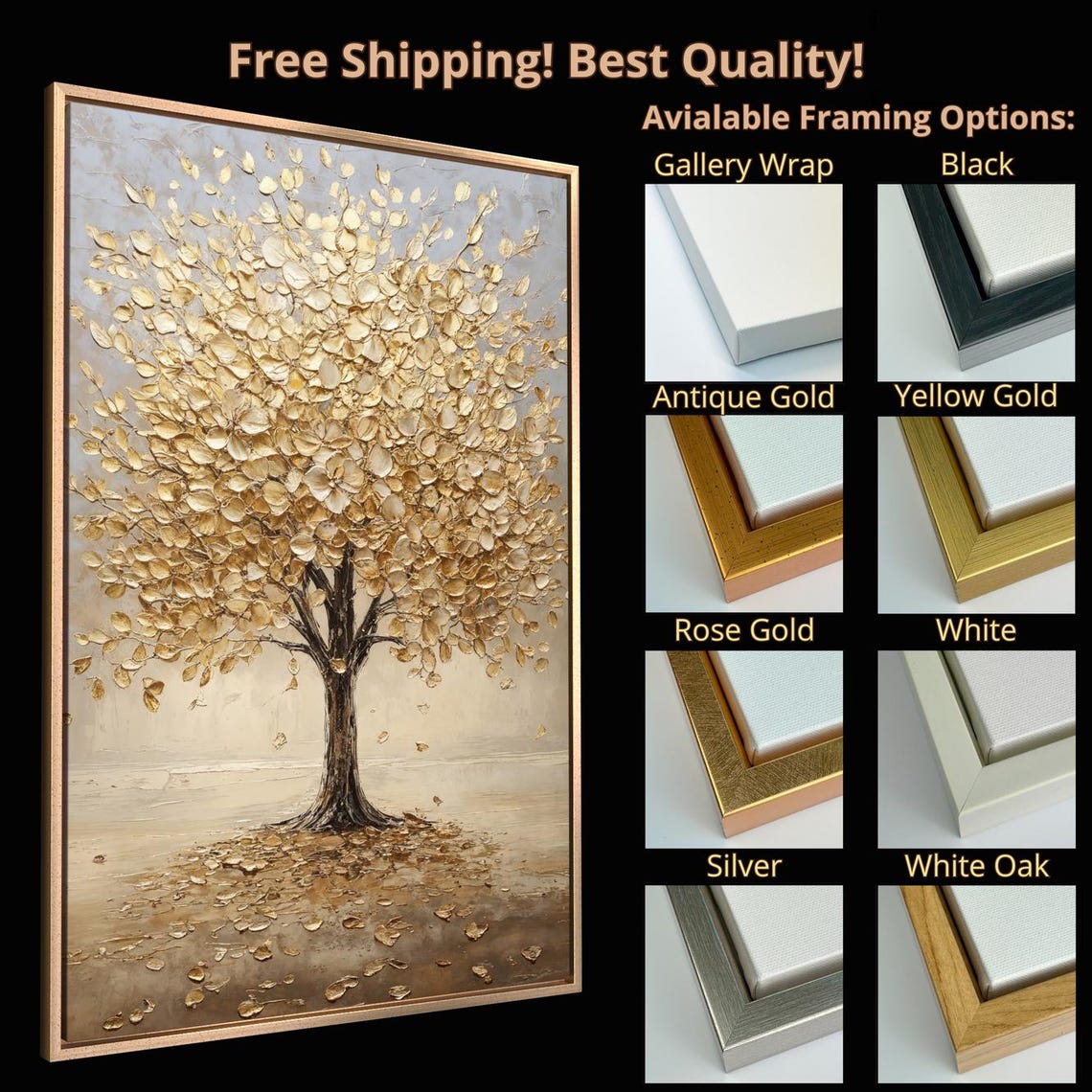 Golden Tree Of Life Falling Gold Leaves Vertical Abstract Wall Poster - Image 5
