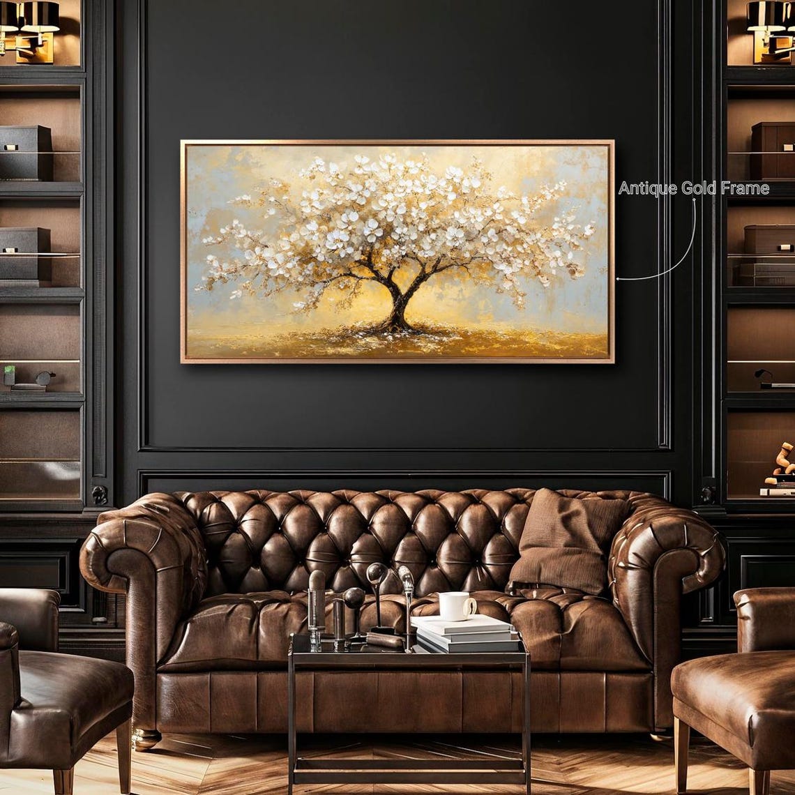 White Cherry Blossom Tree Gold Abstract Painting Panoramic Wall Poster - Image 4