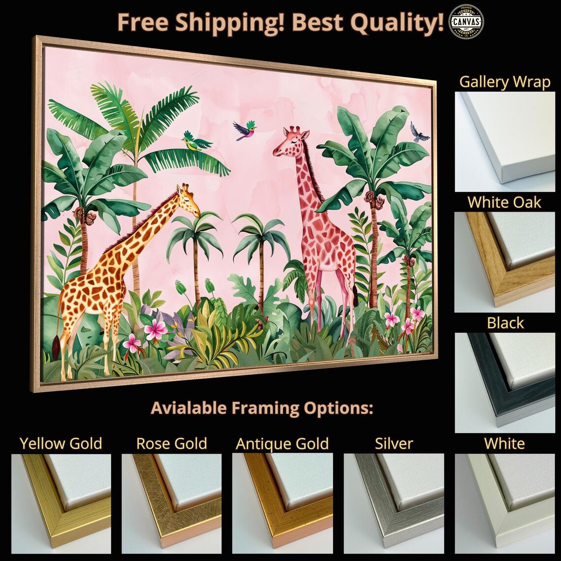 Two Giraffes In Pink Tropical Jungle Watercolor Safari Nursery Poster - Image 4
