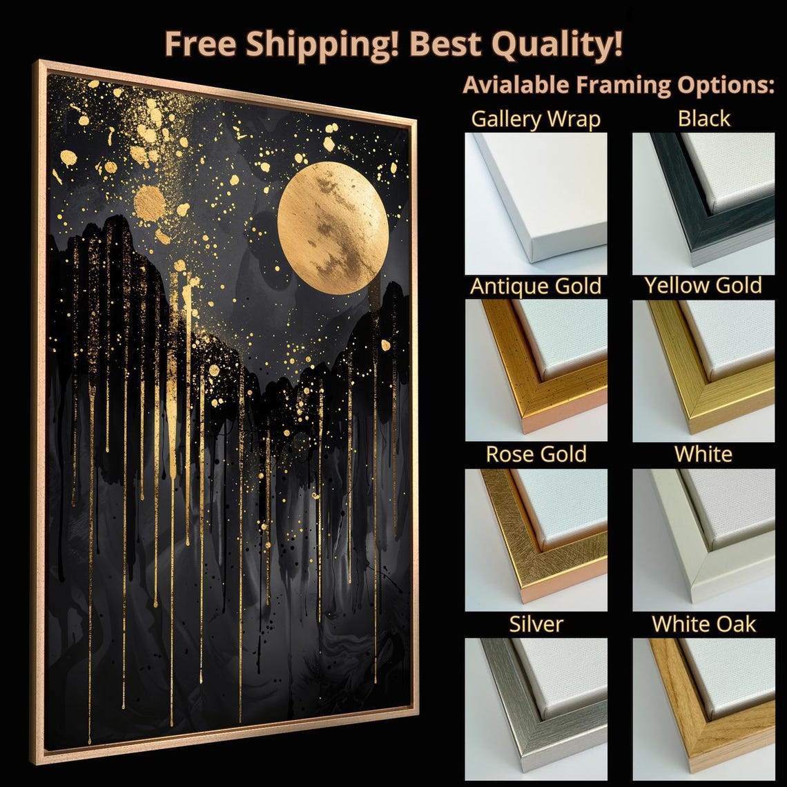 Full Glowing Moon Black Gold Night Sky Abstract Celestial Poster - Image 4