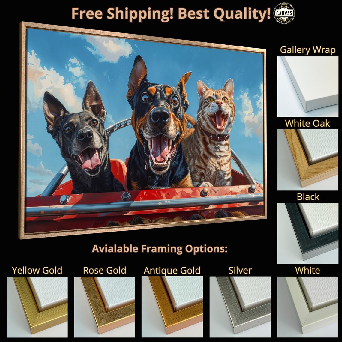 Two Happy Dogs And Cat Riding In Red Convertible Fun Animal Wall Poster - Image 4