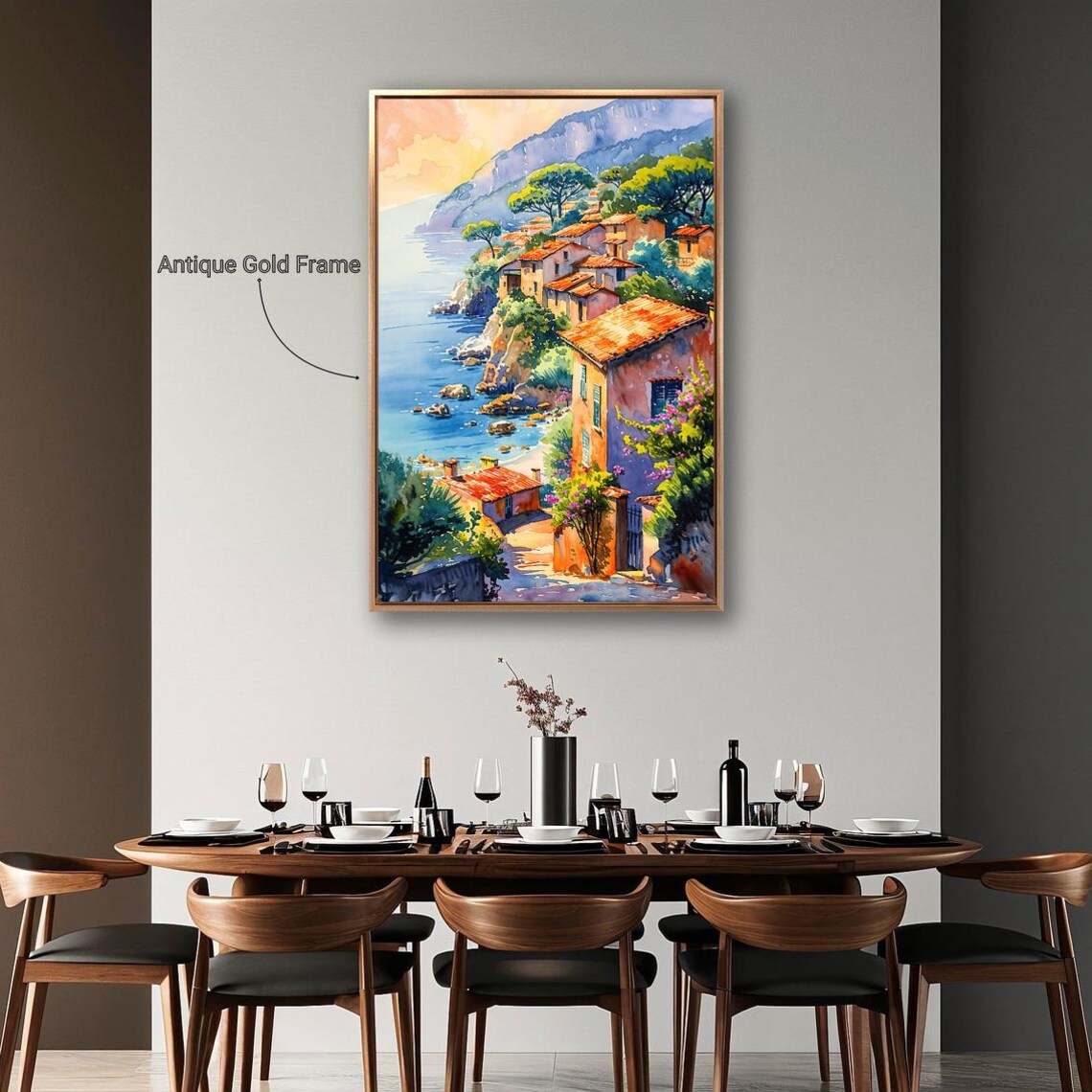 Mediterranean Coastal Village Cliffside Sunset Watercolor Travel Poster - Image 4
