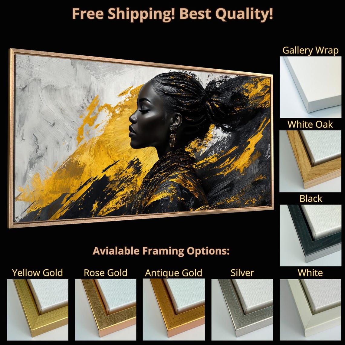 Stunning Black Woman Profile Portrait Gold Black Abstract Art Print - Image 5
