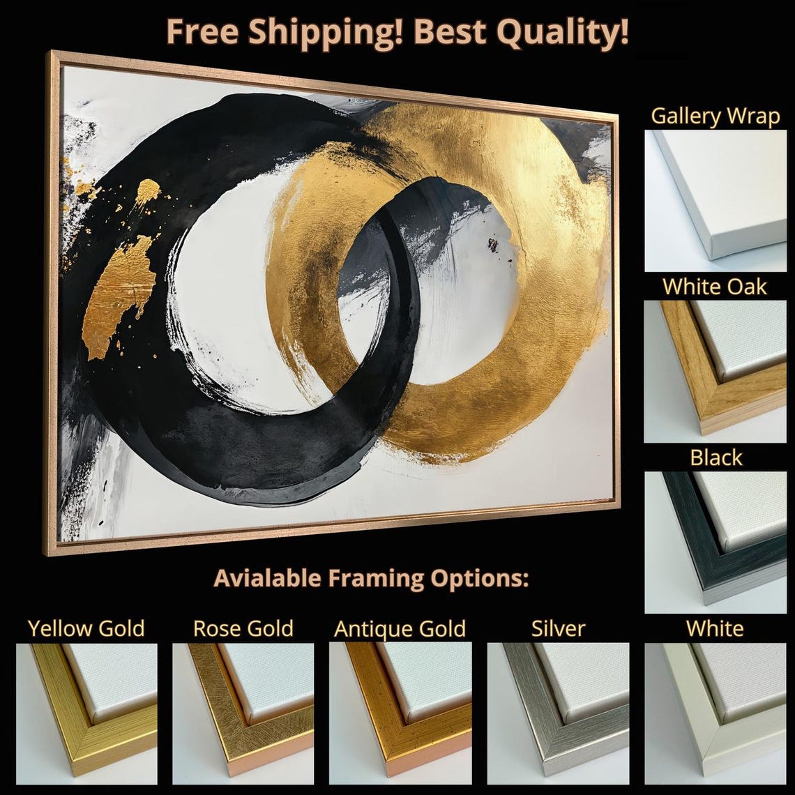 Black Gold Interlocking Circles Abstract Brushstroke Wall Art - Image 5