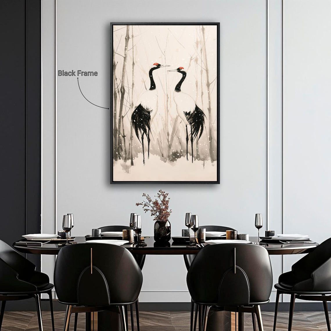 Two Red Crowned Cranes Snowy Bamboo Japanese Ink Style Poster - Image 4