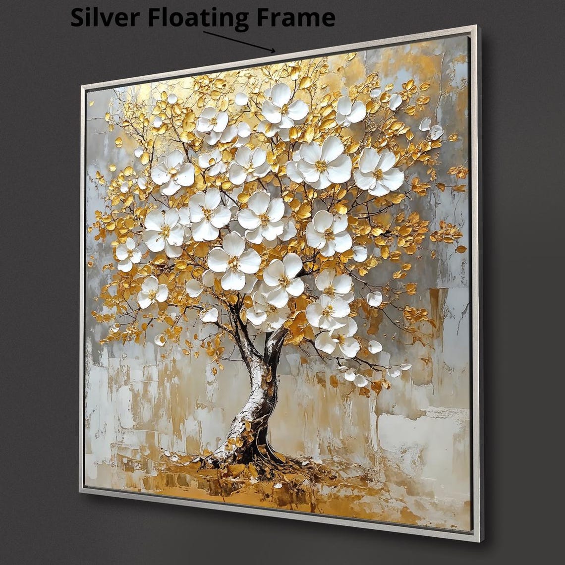 Golden Tree With White Blossoms Textured Impasto Abstract Wall Poster - Image 3