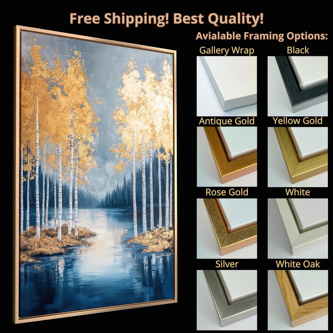 Golden Birch Trees Blue Lake Serene Forest Landscape Art Print - Image 5