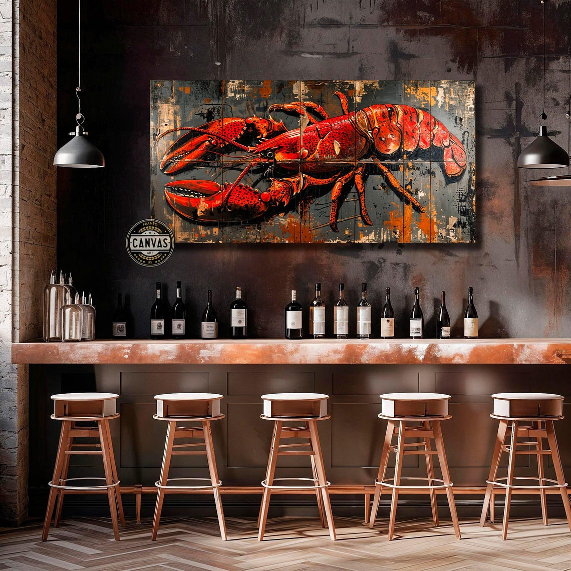 Red Lobster Painting Rustic Wood Planks Panoramic Seafood Wall Poster - Image 4
