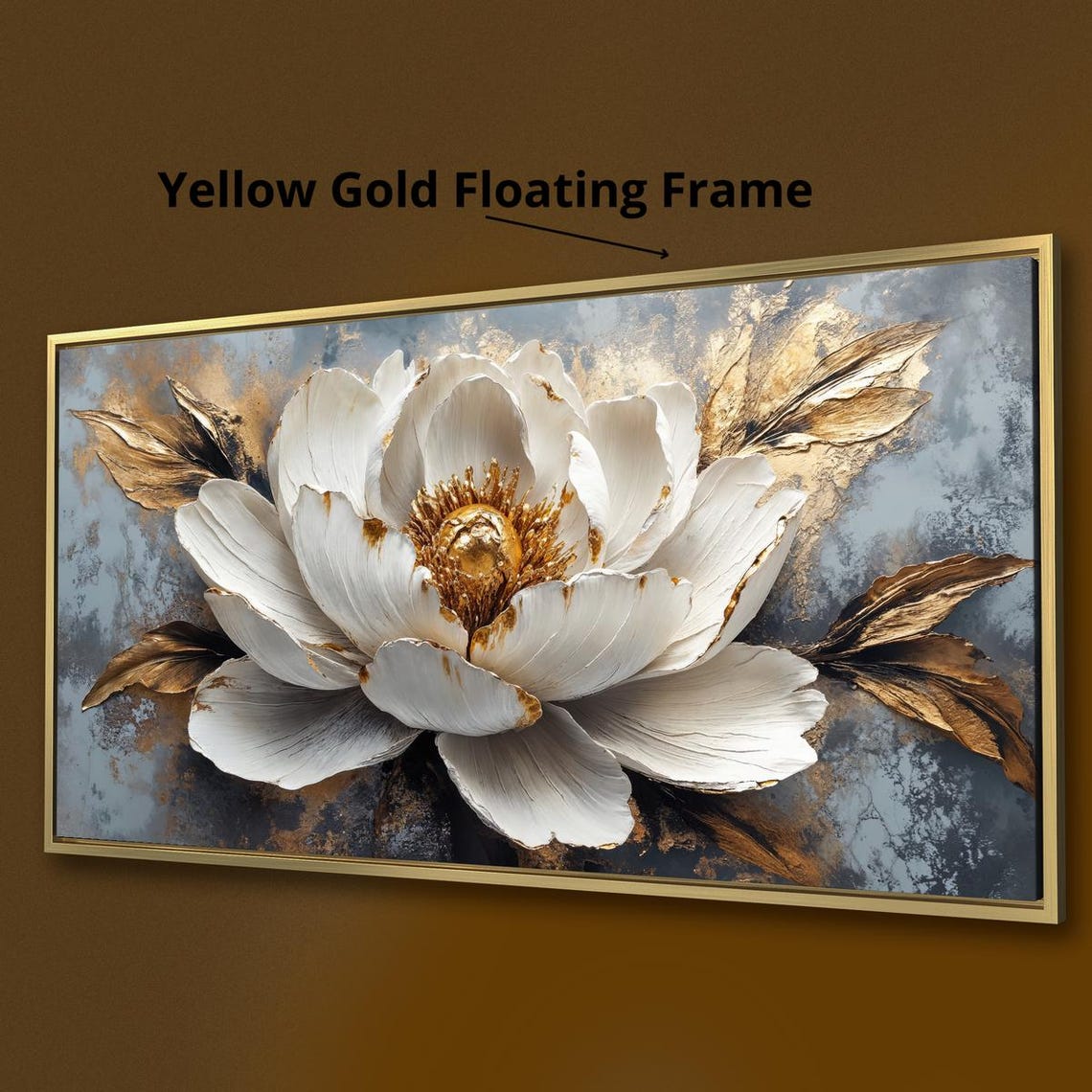 Large White Bloom Gold Center Textured Gray Luxury Art Print - Image 2